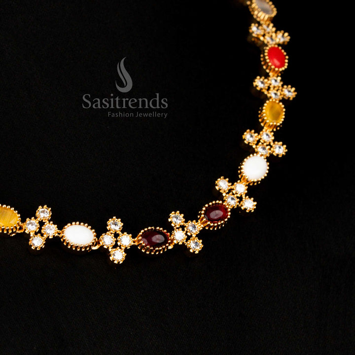 Majestic micro gold plated guaranteed American diamond navaratna necklace jewellery set with earrings designed for bridal and wedding style - Sasitrends