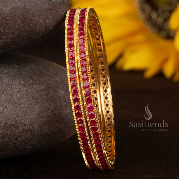 Glorious ruby-hued guaranteed micro gold plated American Diamond CZ stone embedded bangles – Traditional festive jewellery for ethnic sarees and bridal lehengas with rich red glow – Sasitrends