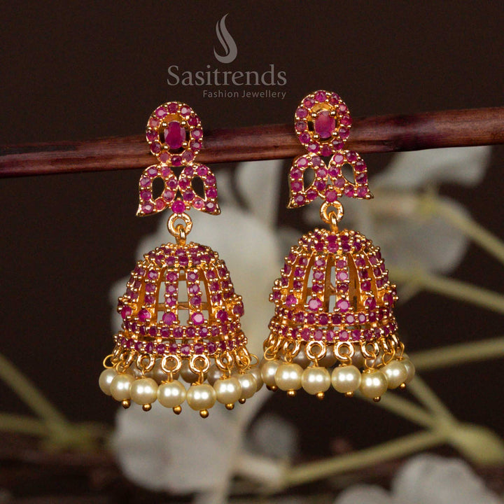Grand Ruby Stone American Diamond Micro Gold Plated Jhumka Earrings With Pearls And Detailed Floral Structure Traditional Jewellery - Sasitrends