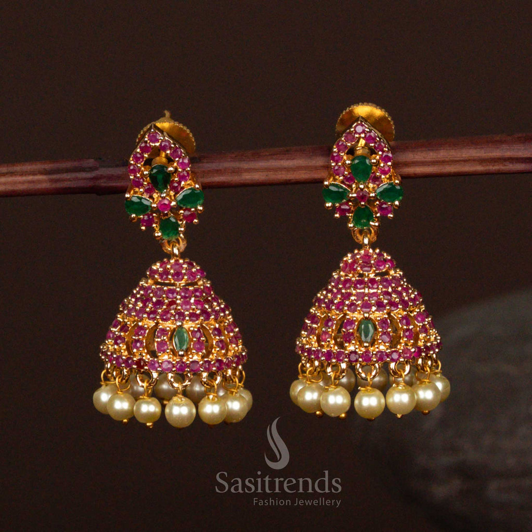 Grand Ruby Green American Diamond Micro Gold Plated Jhumka Earrings With Pearls And Leaf Mango Pattern For Traditional Occasions - Sasitrends