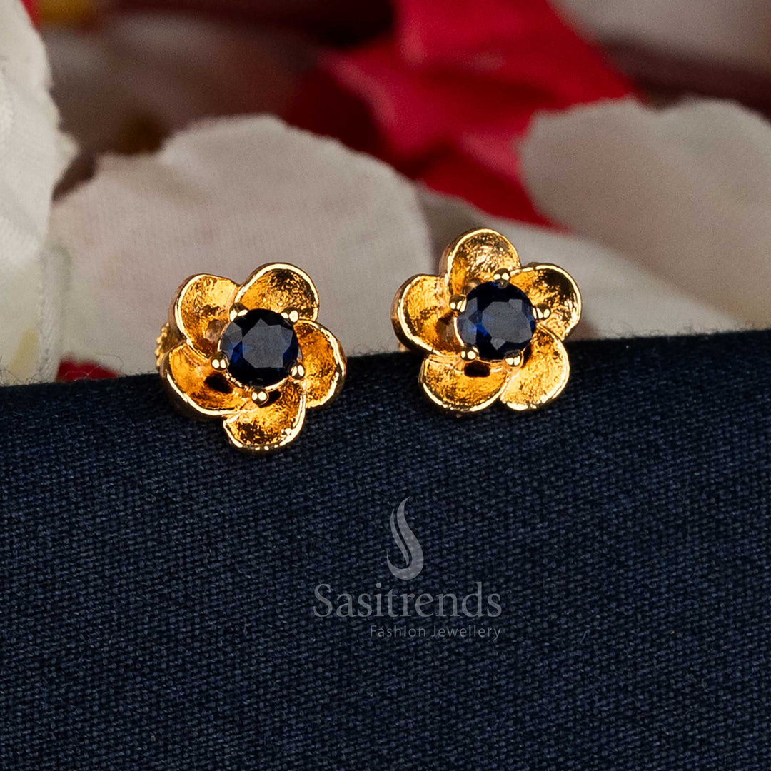 Stunning blue Impon Addigai micro gold plated floral solitaire AD stone stud earrings crafted for traditional grandeur and festive sophistication – Sasitrends
