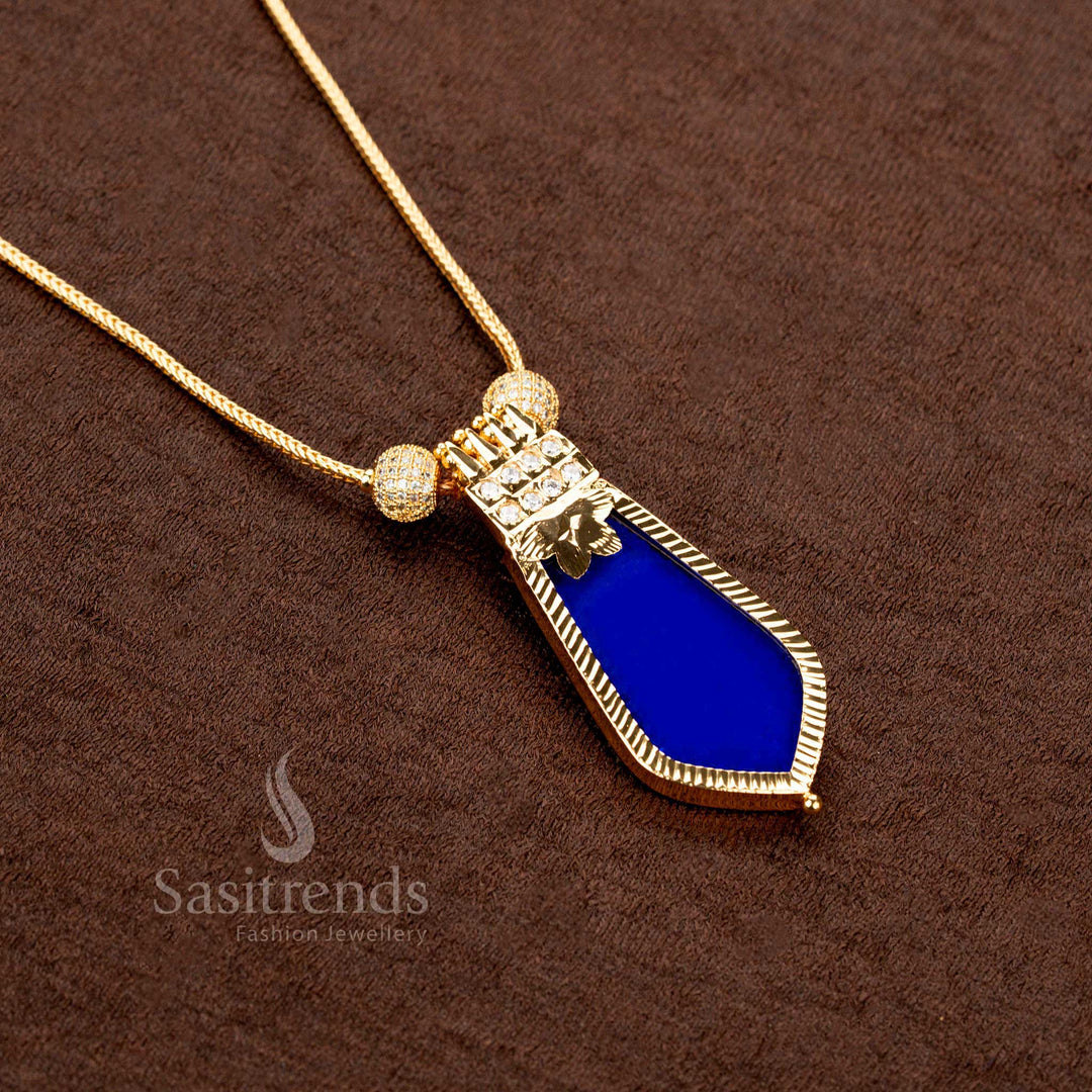 Authentic Kerala temple jewellery-style blue Palakka Nagapadam pendant necklace with micro gold plating, detailed craftsmanship, and AD stone accents - Sasitrends