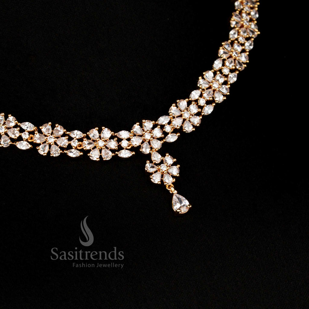 Luxury charm guaranteed micro gold plated white American Diamond floral necklace set, designed with a sparkling teardrop centrepiece to complete a radiant wedding bride’s ensemble – Sasitrends