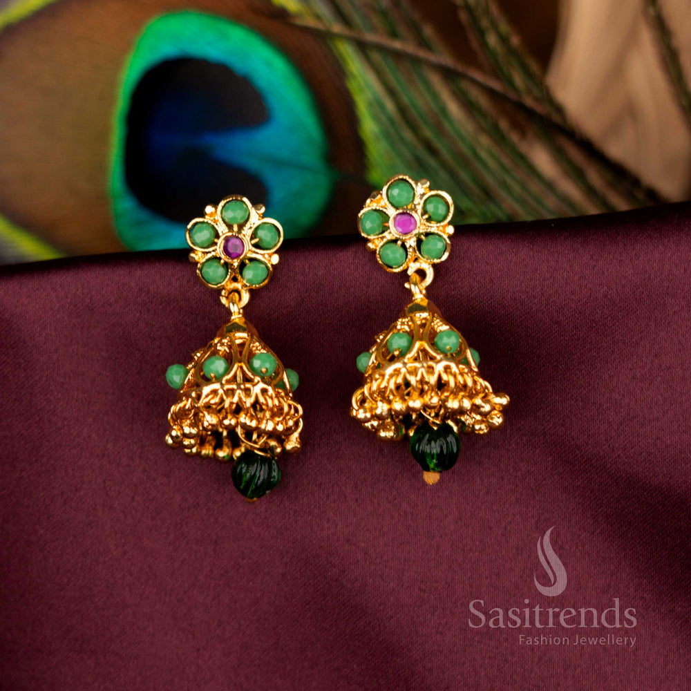 Gorgeous One Gram Micro Gold Plated Green Jadeite Floral Jhumka Earrings Perfect For Wedding And Party Wear - Sasitrends