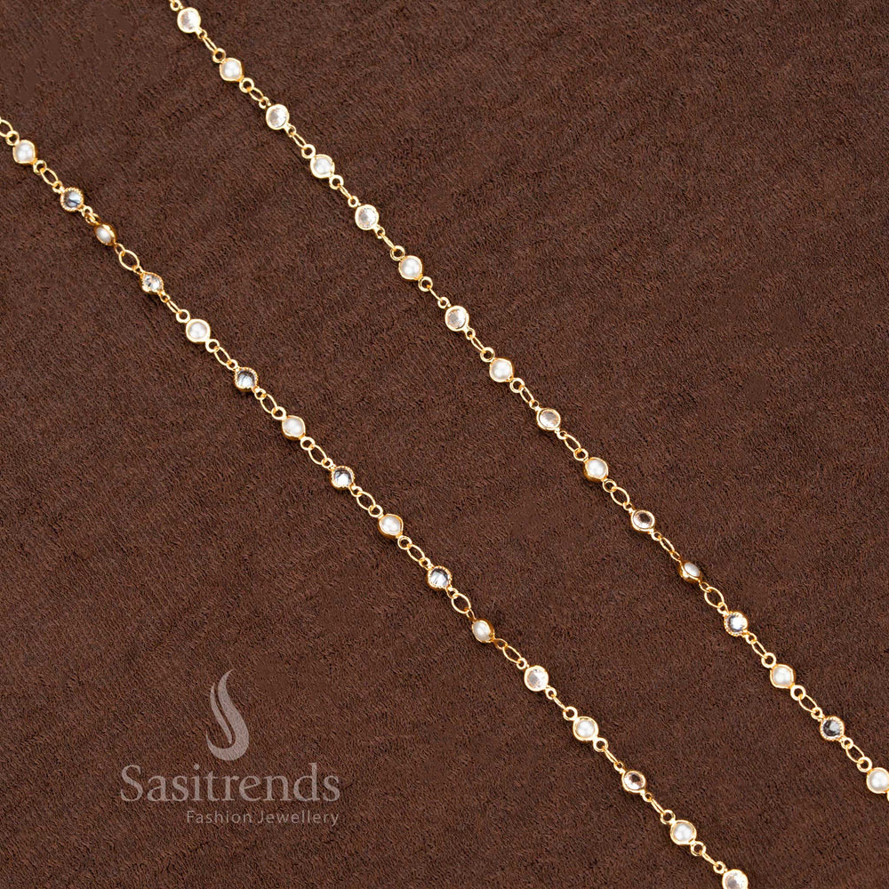 Ornate Two Line Stone And Pearl Necklace In Micro Gold Polish With Regal Vibes For Cultural Events Jewellery - Sasitrends