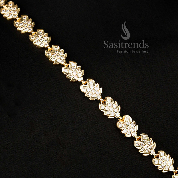 Premium Designer Impon Addigai Micro Gold Plated White Long Haram Necklace With Leaf Lotus Motifs Created For Religious And Cultural Events - Sasitrends