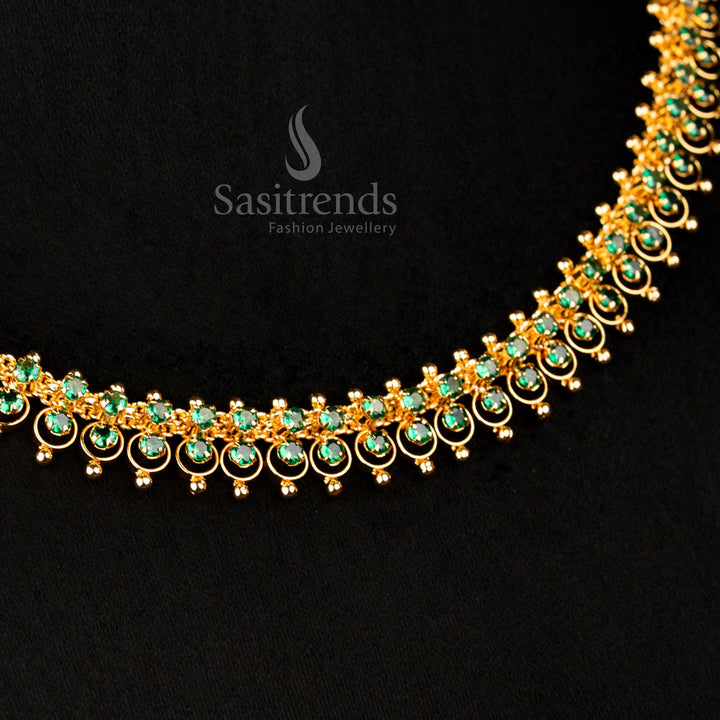 Premium Designer Micro Gold Finish Green Layered AD Stone Necklace With Multi Row Circular Detailing Created For Ethnic And Cultural Wear - Sasitrends
