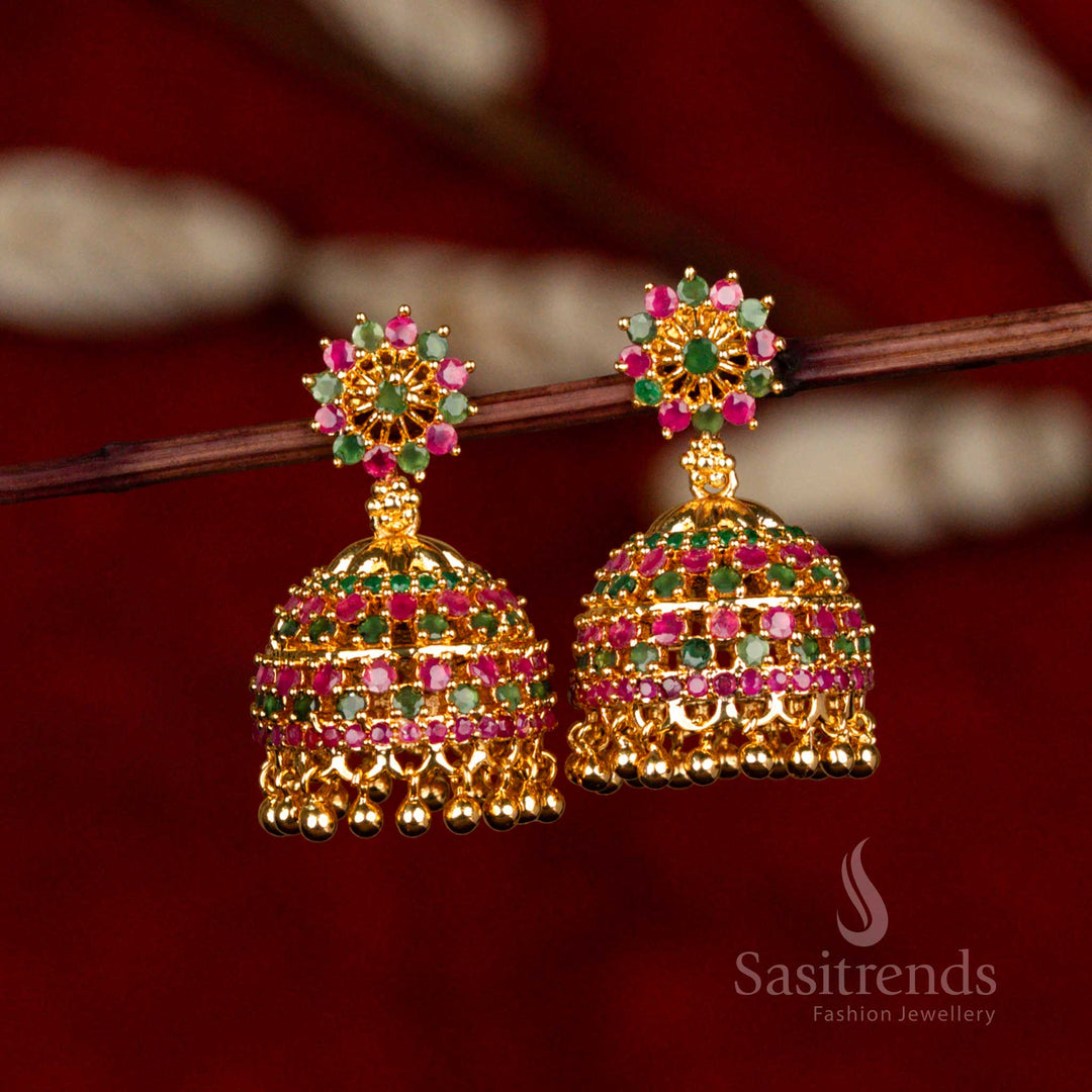 Festive Splendour Round Jhumka AD Stone Hanging Earrings – Micro Gold Finish in Ruby-Green – Bridal Jewellery That Looks Like Real Gold – Sasitrends
