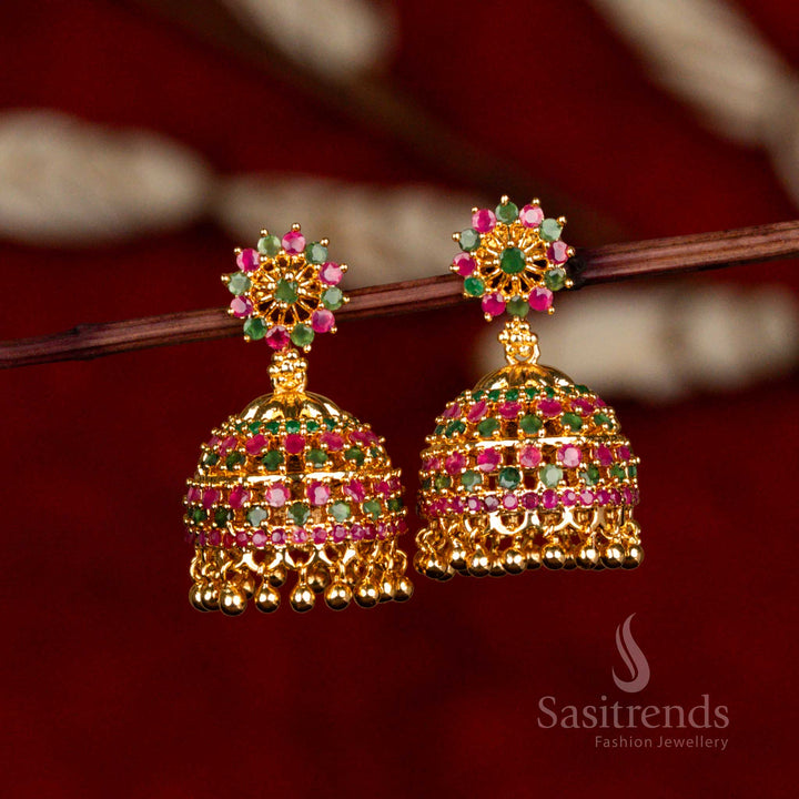 Festive Splendour Round Jhumka AD Stone Hanging Earrings – Micro Gold Finish in Ruby-Green – Bridal Jewellery That Looks Like Real Gold – Sasitrends
