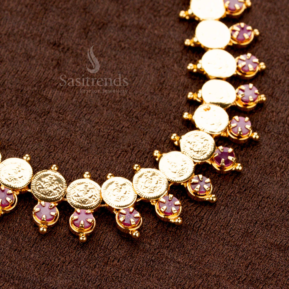 Heritage Kerala Lakshmi Coin Necklace adorned with Sparkling Ruby AD Stones, Antique Micro Gold Plating, and Intricate Temple Jewellery Motif for Bridal and Festive Wear - Sasitrends