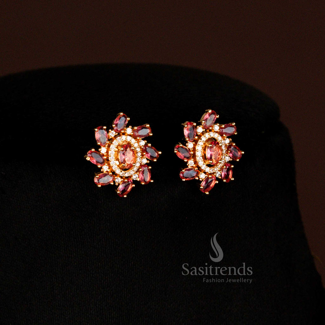 Classic micro gold plated American diamond oval stone earrings in red for elegant wedding wear - Sasitrends