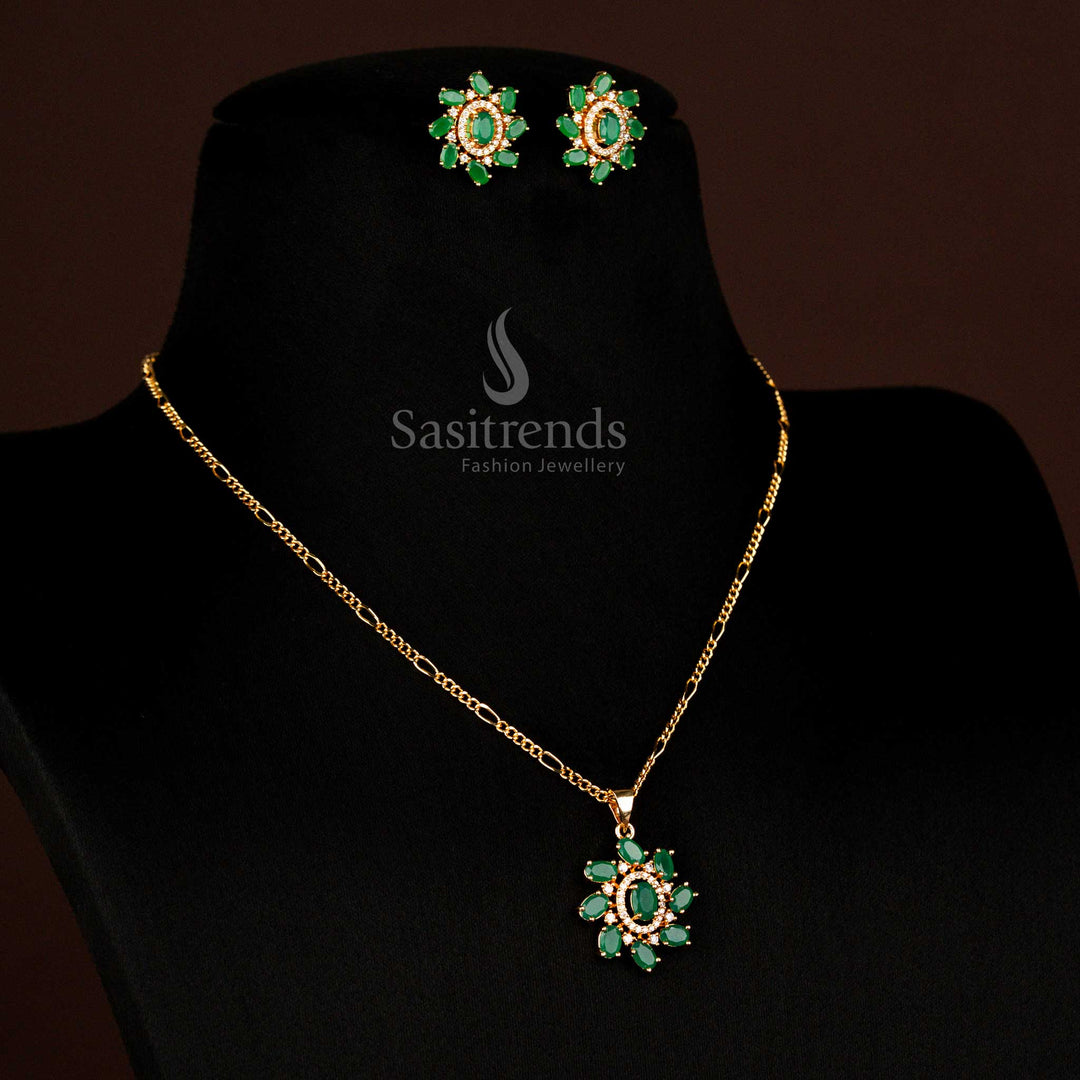 Graceful micro gold plated American diamond oval pendant chain necklace in green with earrings for party and bridal collections - Sasitrends