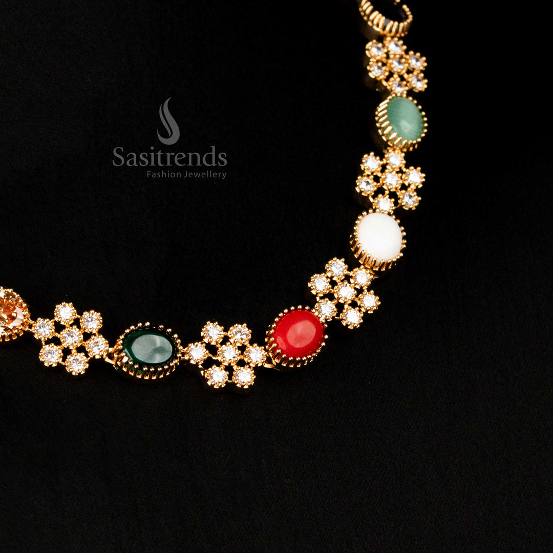 Divine micro gold plated guaranteed American diamond navaratna necklace jewellery set with earrings made for cultural occasions - Sasitrends