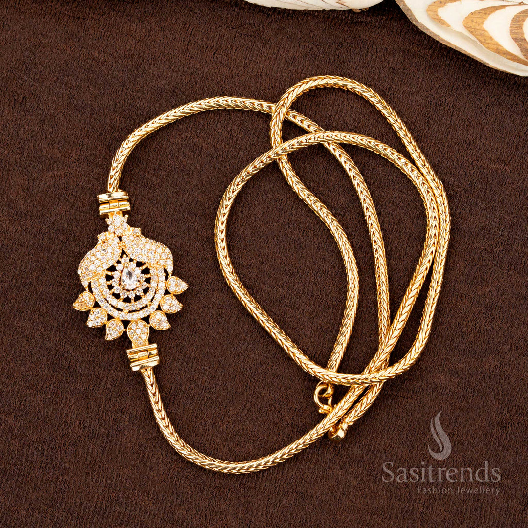 Exquisite white stone Peacock Mugappu chain with micro gold plating, featuring a double-side traditional design, an elegant and timeless jewellery piece for saree wear - Sasitrends