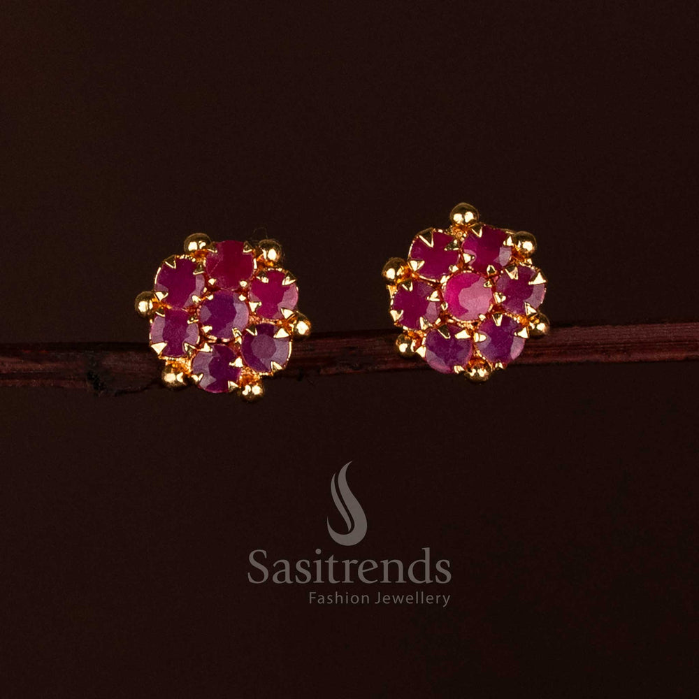 Beautiful ruby one gram micro gold plated floral designer earrings with AD stones, crafted for festive celebrations and timeless traditional elegance by Sasitrends