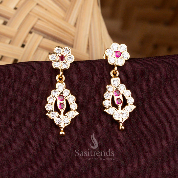 Traditional Wear Impon Addigai Micro Gold Plated Floral Drop AD Stone Earrings