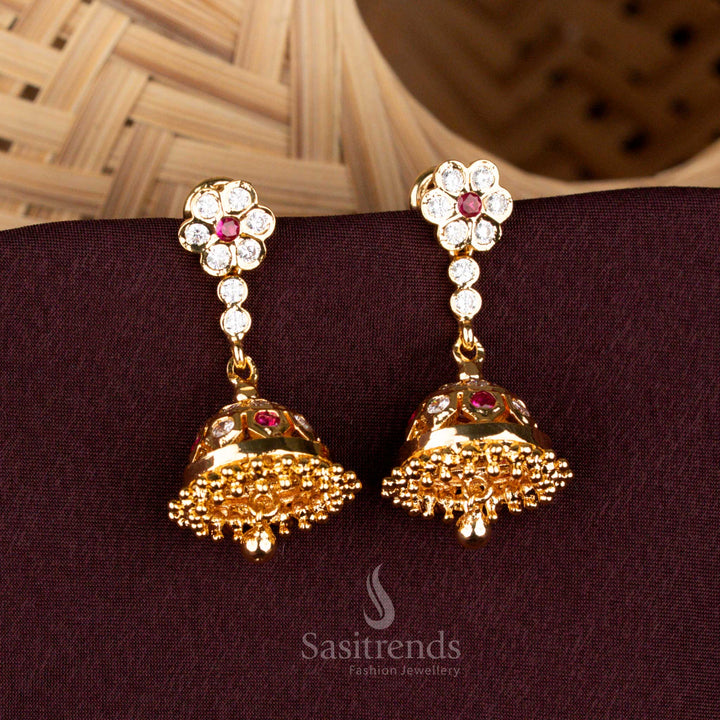 Traditional Wear Impon Addigai Micro Gold Plated Floral Long Drop Screw Type Jhumka Earrings