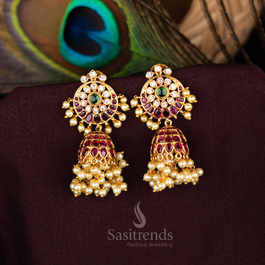 Ornamental temple AD Jhumka earrings with dome, floral and pearl cluster shapes - Sasitrends