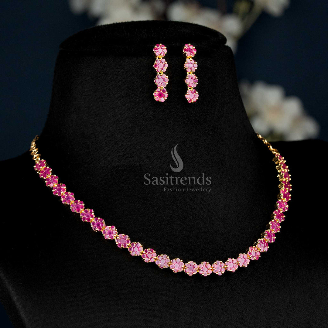 Majestic Ruby American Diamond Floral Necklace Set With Micro Gold Plating, Grand Bridal Luxury Jewellery Created For Women Who Desire Royal Elegance – Sasitrends