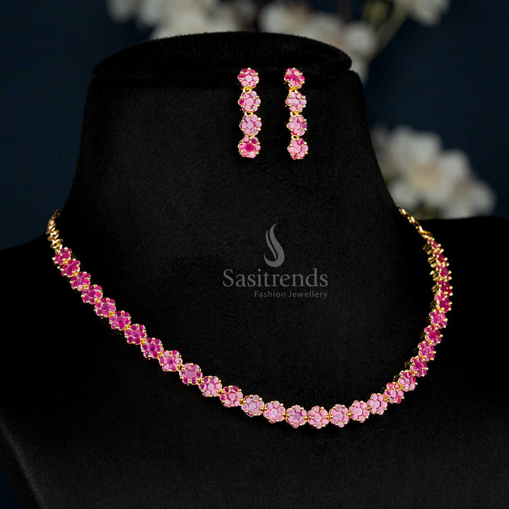 Majestic Ruby American Diamond Floral Necklace Set With Micro Gold Plating, Grand Bridal Luxury Jewellery Created For Women Who Desire Royal Elegance – Sasitrends