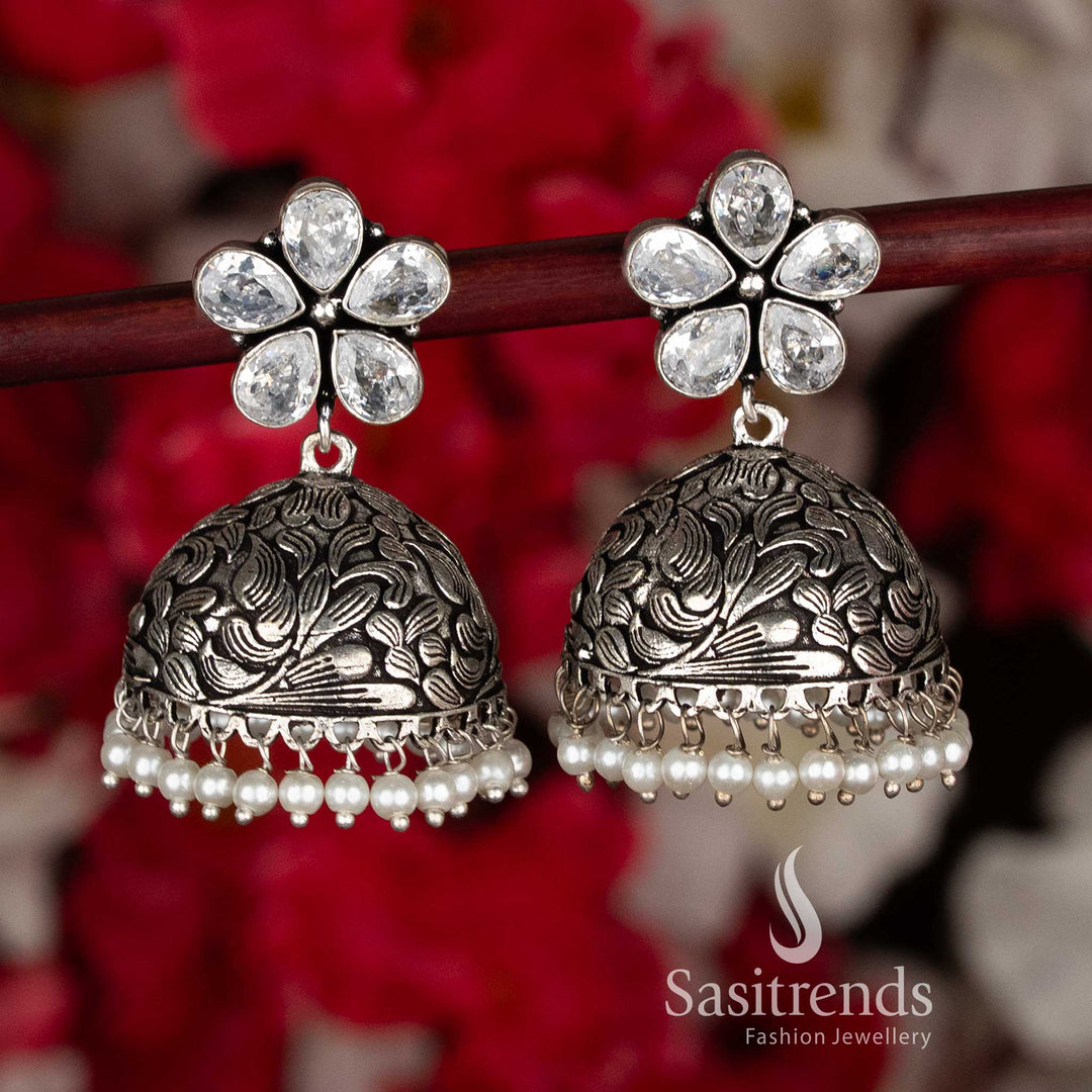 Stunning White Party Ethnic Oxidised Floral Jhumkas with Pearl Drops for Black Saree Navaratri Look-Sasitrends