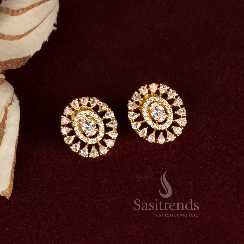 Elegant Oval Halo American Diamond Stud Earrings Featuring Pure White Stones And A Micro Gold Plated Finish – Timeless Jewellery For Classic Party Looks – Sasitrends