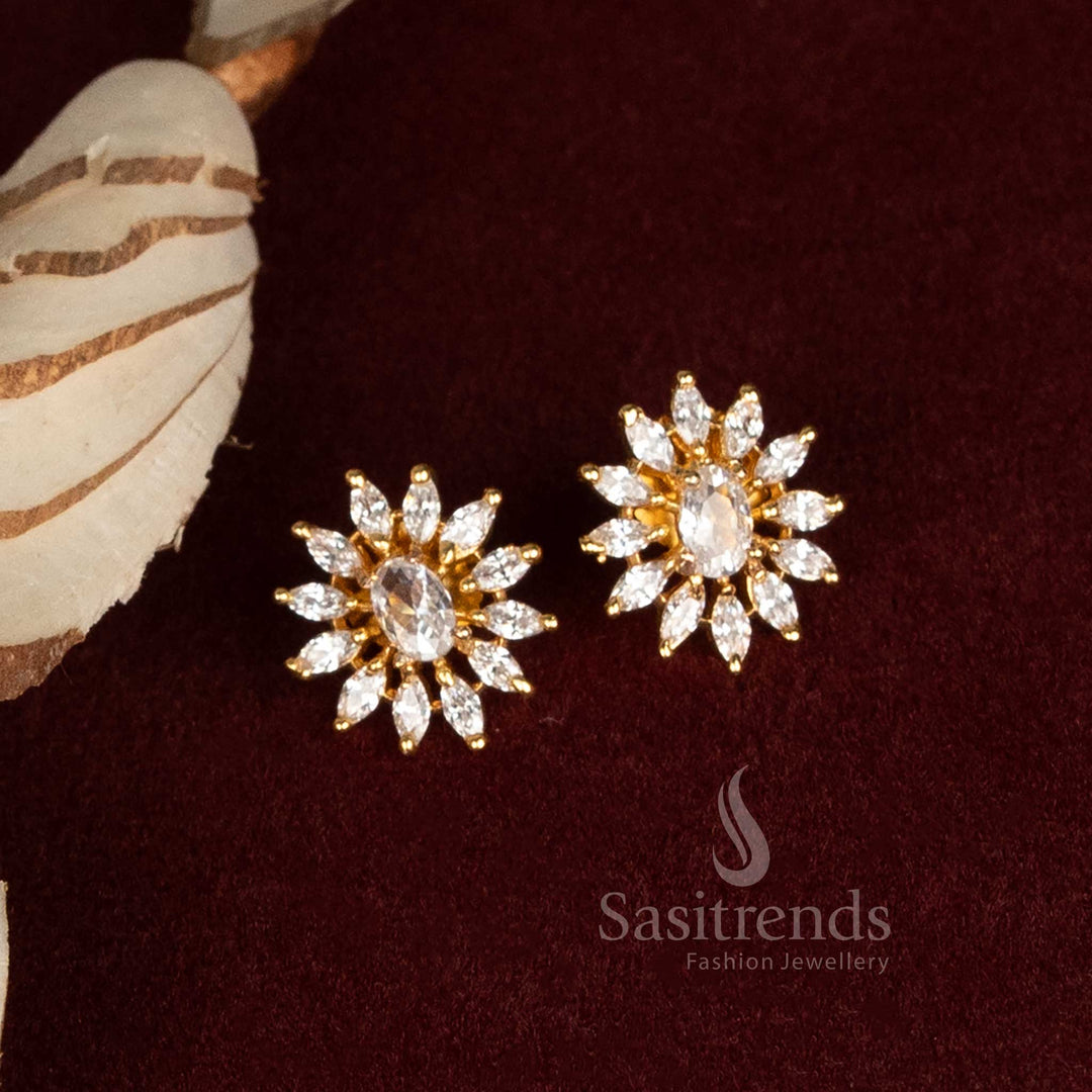 Graceful All-White Flower Shaped American Diamond Stud Earrings With Micro Gold Plated Outline – Classic Jewellery Design For Elegant Evening Looks – Sasitrends