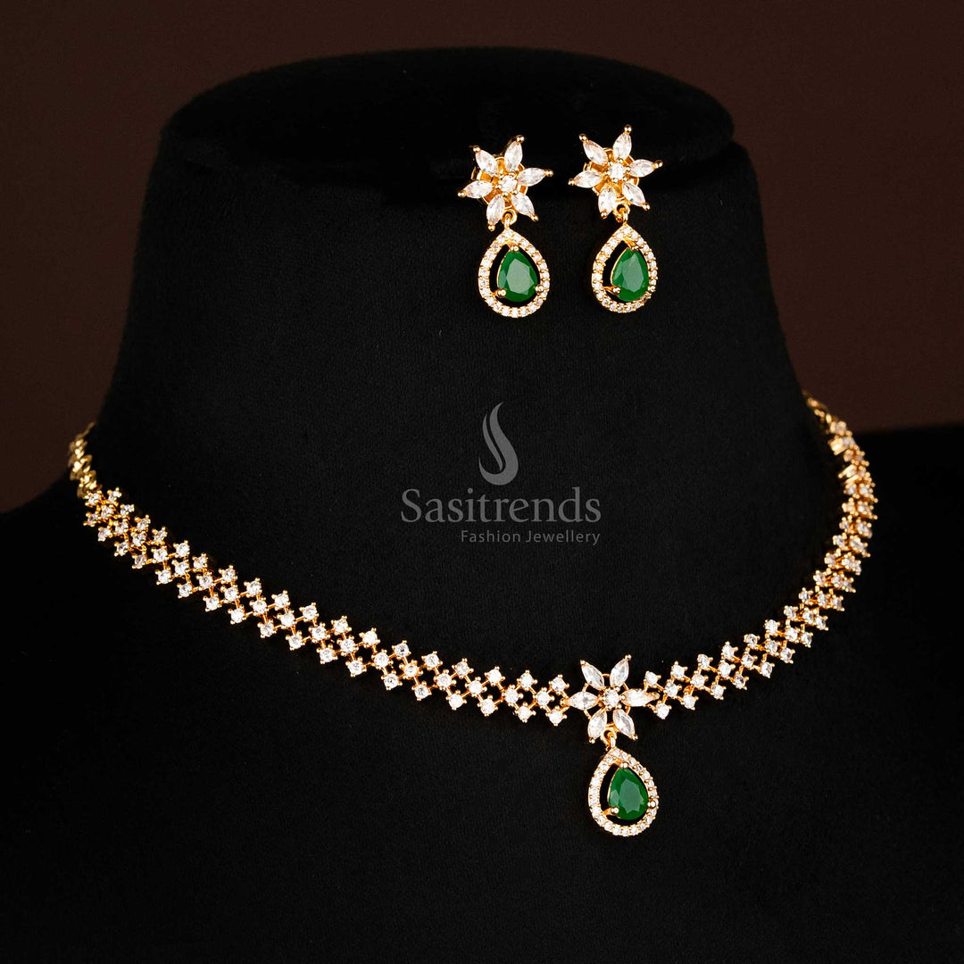White and emerald-style green American Diamond necklace with floral carvings and wedding-worthy charm, by sasitrends