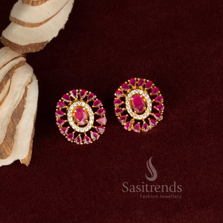 Dazzling Micro Gold Plated Stud Earrings Featuring A Deep Ruby Oval Centre And Shimmering Halo Of Diamonds – Elegant Party Wear Jewellery For Women – Sasitrends