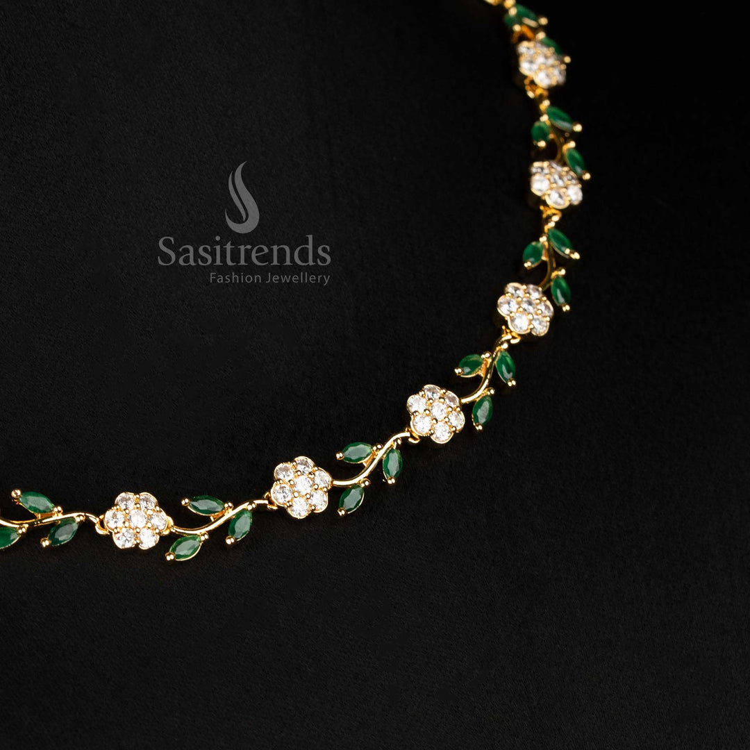 Captivating White Green American Diamond Micro Gold Plated Necklace Set With Leaf And Bloom Accents - Sasitrends