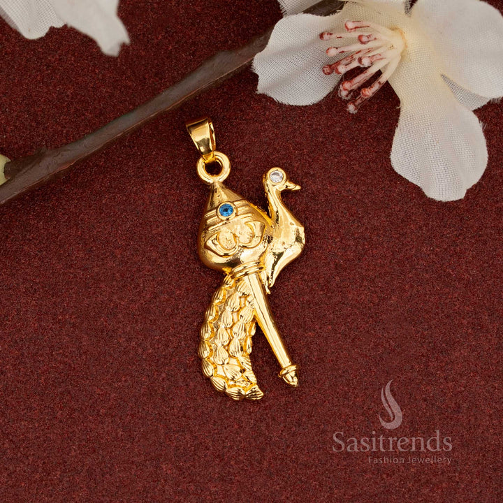 Luxury micro gold plated peacock vel pendant embellished with blue and white stones – festive traditional jewellery with authentic gold-like charm – Sasitrends