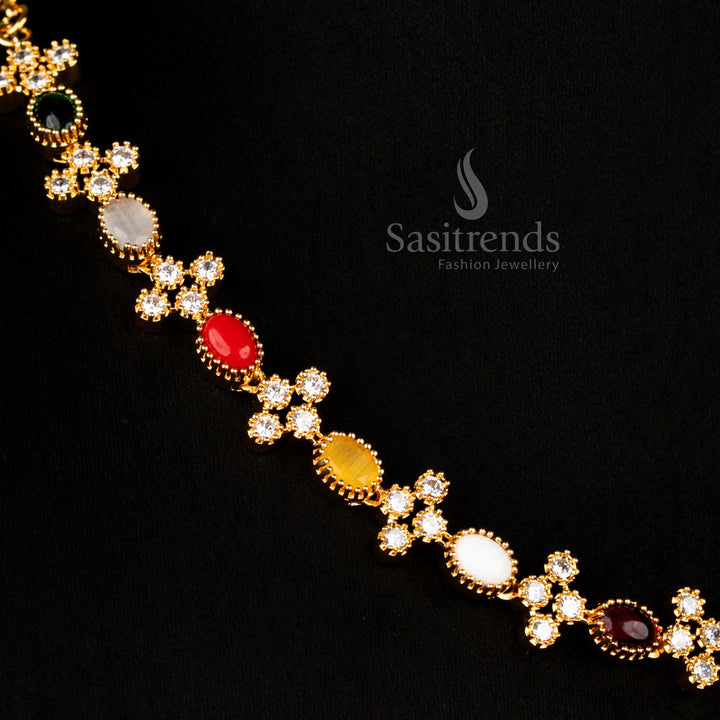 Regal micro gold plated guaranteed American diamond navaratna necklace jewellery set with earrings styled for bridal parties - Sasitrends