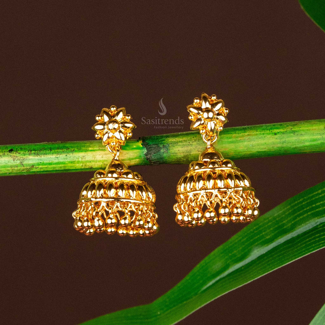 Classic Floral Design Micro Gold Plated Jhumka Earrings With Hanging Bead Accents, Adding Grace To Ethnic And Traditional Styles – Sasitrends