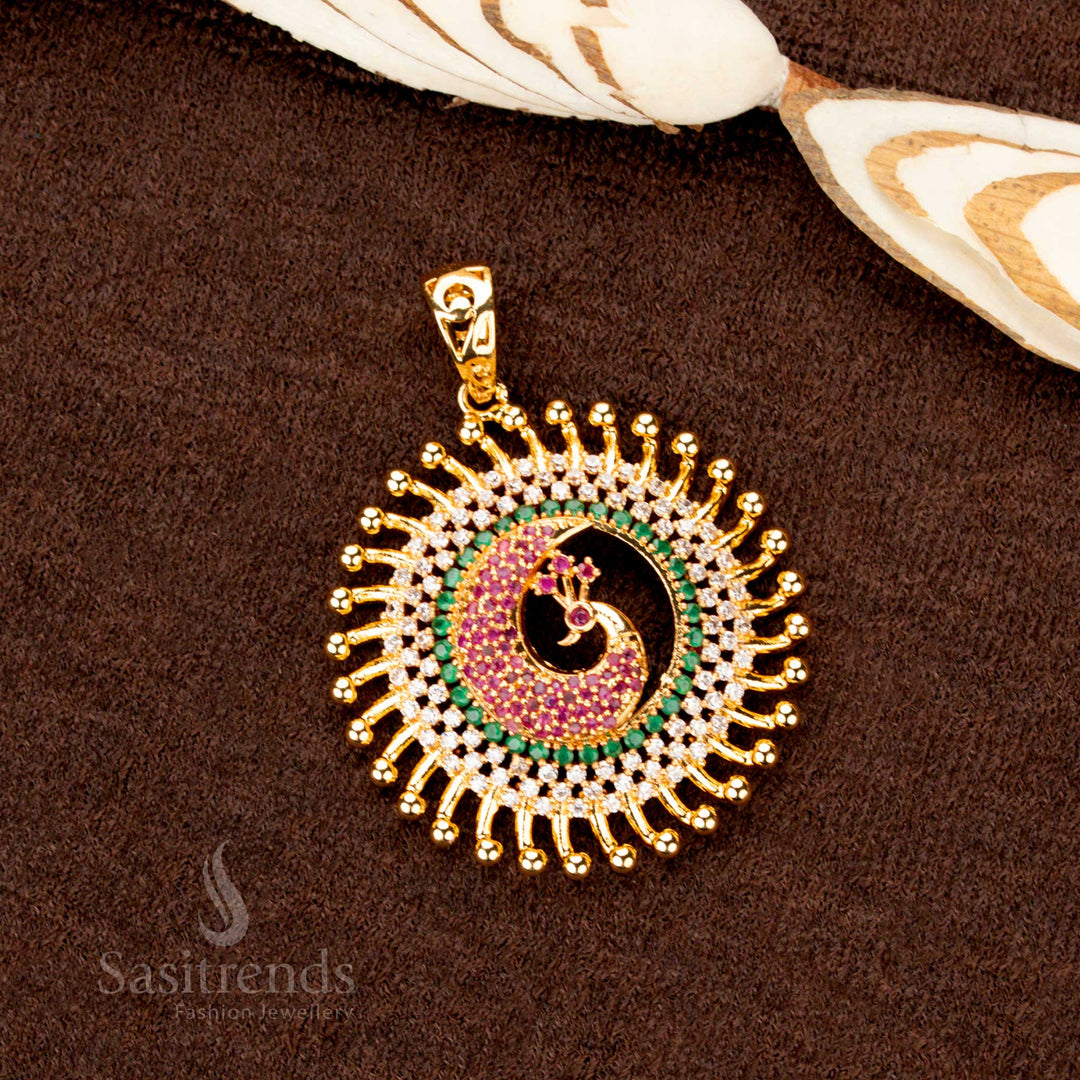 Majestic gold plated peacock pendant designed with glowing multi-color stones, a statement festive jewellery treasure - Sasitrends