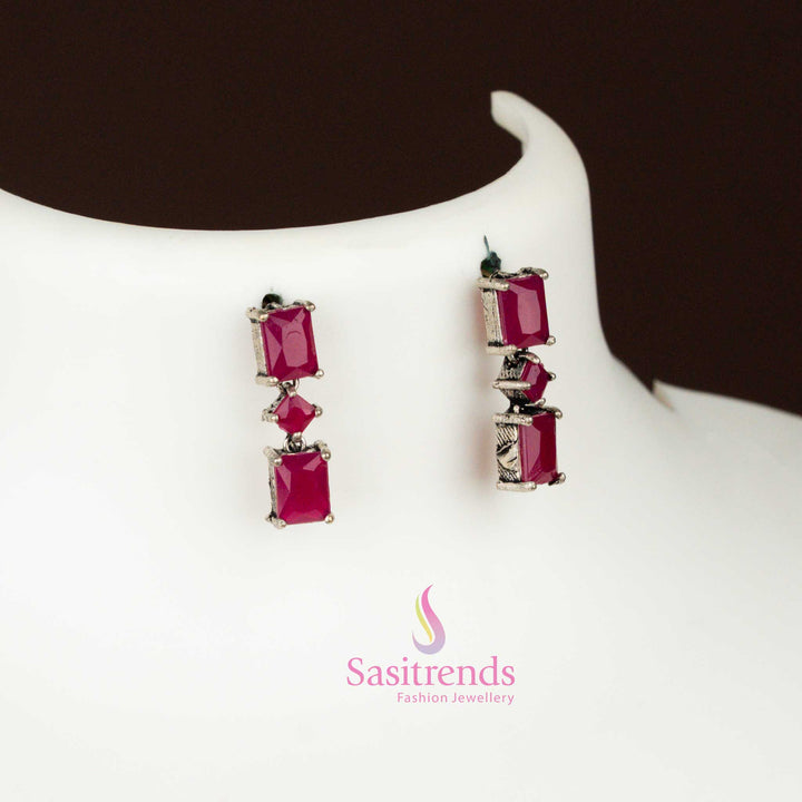 Elegant Oxidised Silver Ruby Rectangular Stone Drop Earrings designed for ethnic festive wear, perfect for Navaratri and party styling – Sasitrends
