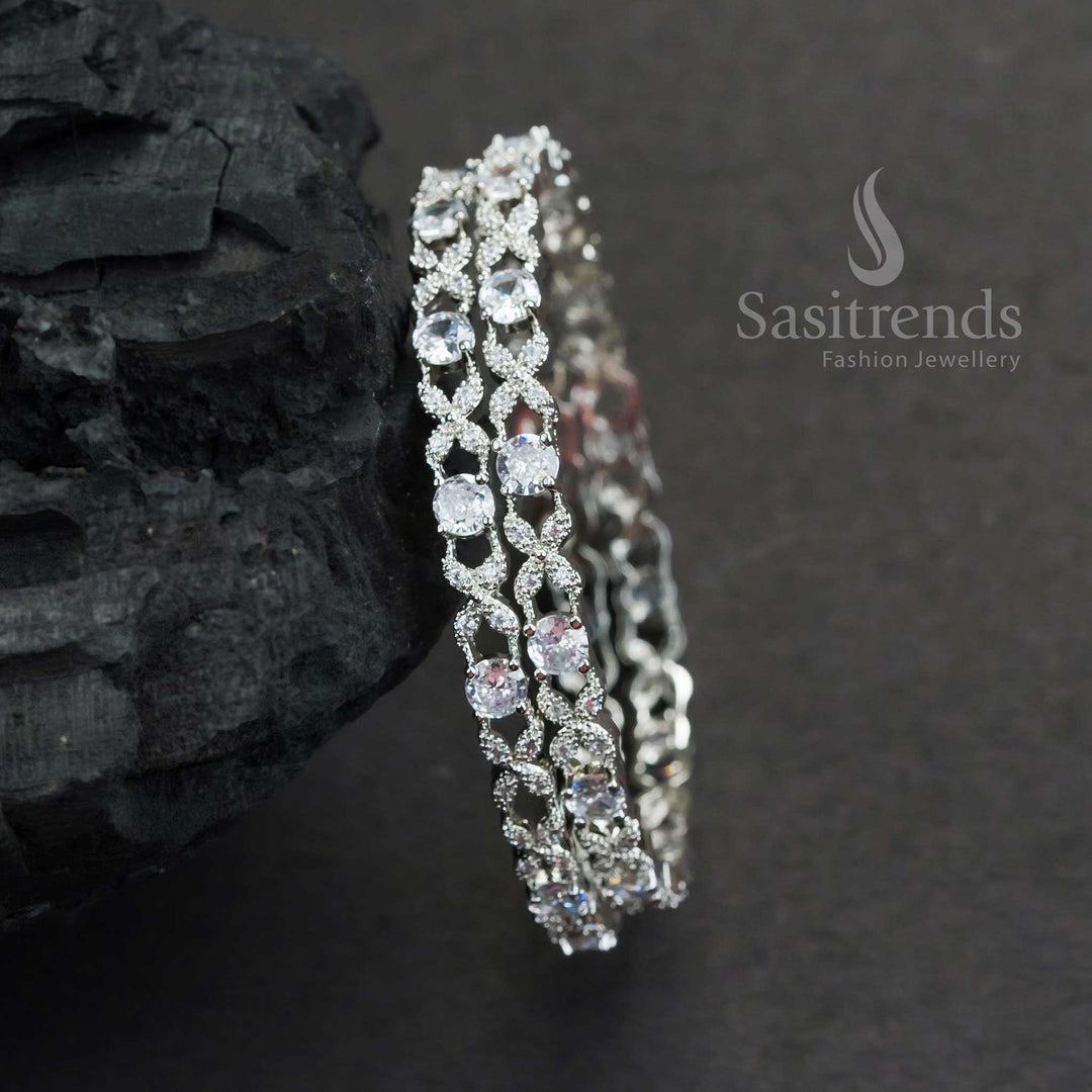 Rich Look Rhodium Silver Plated Bangles With White Floral American Diamond Stones For Party Wear Sparkling Jewellery - Sasitrends