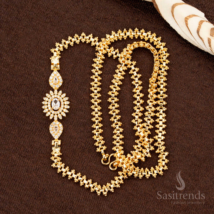 Attractive Micro Gold Plated Traditional Mugappu Chain with Intricate Floral AD Stone Centrepiece – Perfect for Sarees and Traditional Wear- Sasitrends
