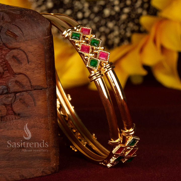 Guaranteed Micro Gold Plated Tube Bangles with Symmetrical Stone Cluster Design For Festive Wear - Sasitrends