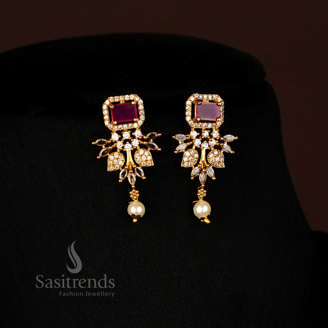 Ethnic South Indian Matte Gold Plated Floral AD Stone Necklace Set With Pearls Jewellery – Sasitrends
