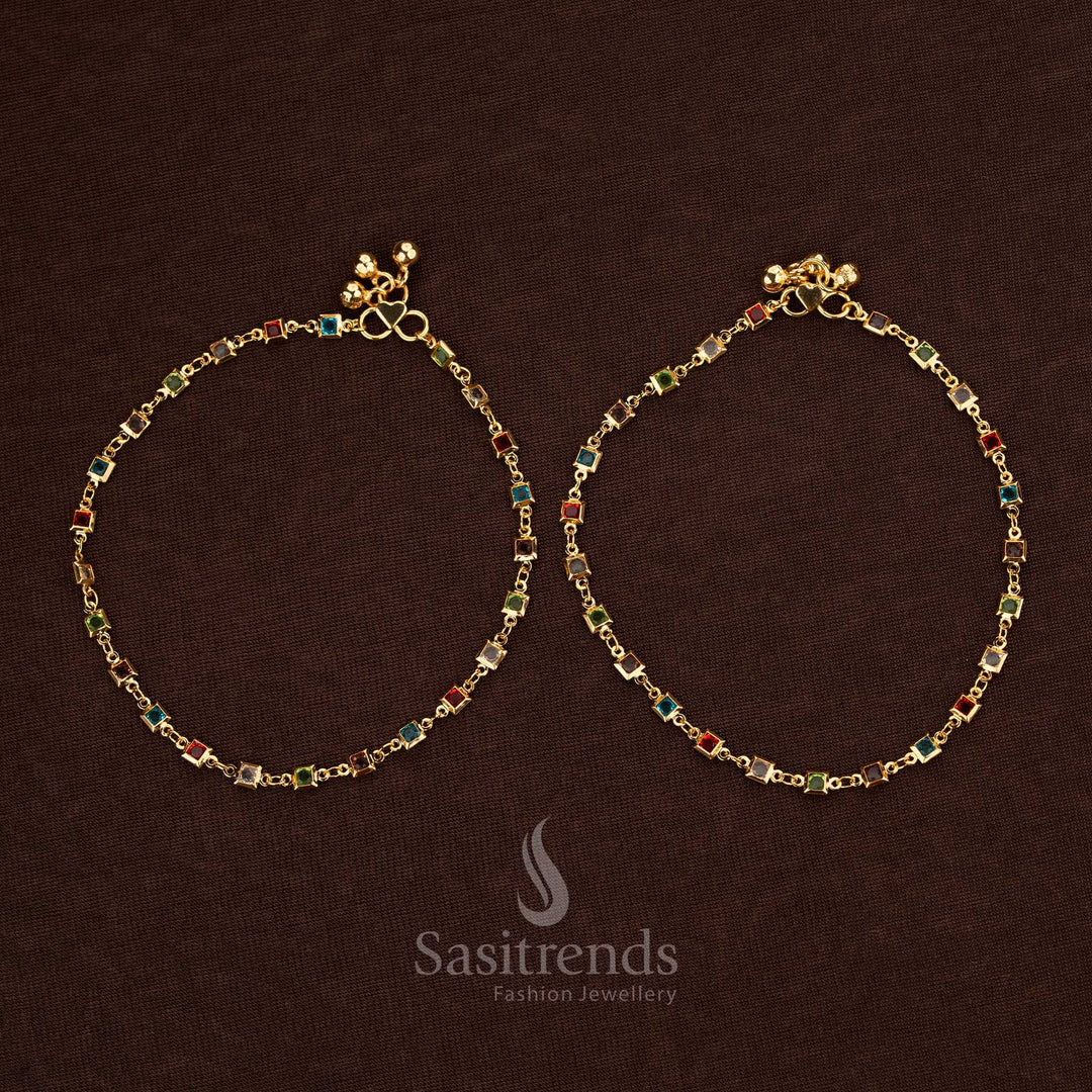 Radiant Micro Gold Plated Navaratna Anklet Pair Featuring A Delicate Arrangement Of Multi-Coloured Stones And A Fine Link Chain That Adds A Touch Of Sophisticated Sparkle To Every Step – Sasitrends