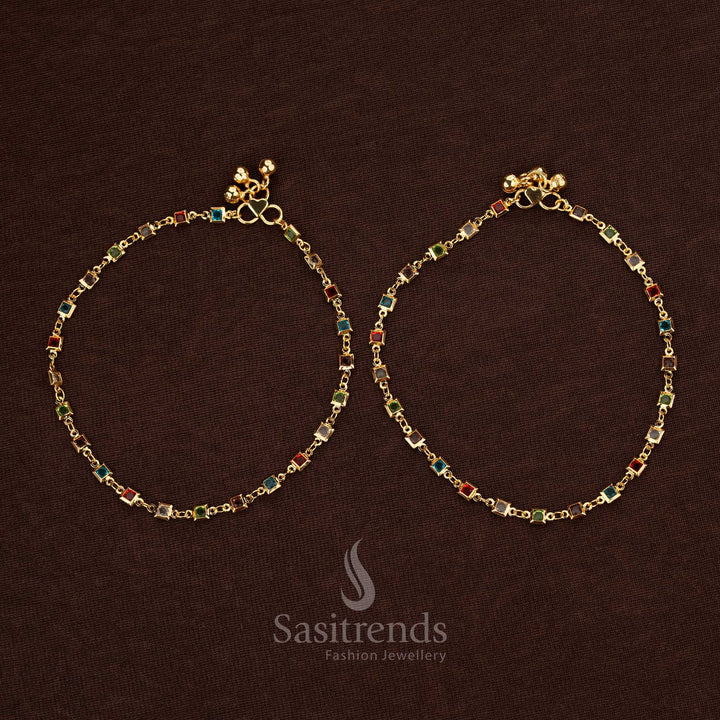 One Gram Micro Gold Plated Navaratna Designer Anklet Pair With Vibrant Multi-Stone Accents - Sasitrends