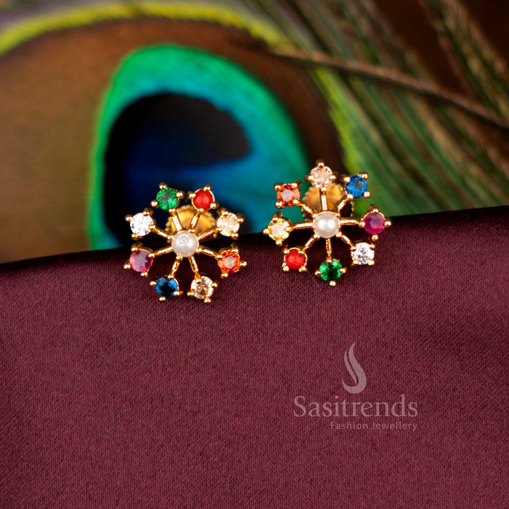 Premium Designer One Gram Micro Gold Plated Navarathna Floral Screw Type Stud Earrings Created For Ceremonies And Special Functions - Sasitrends