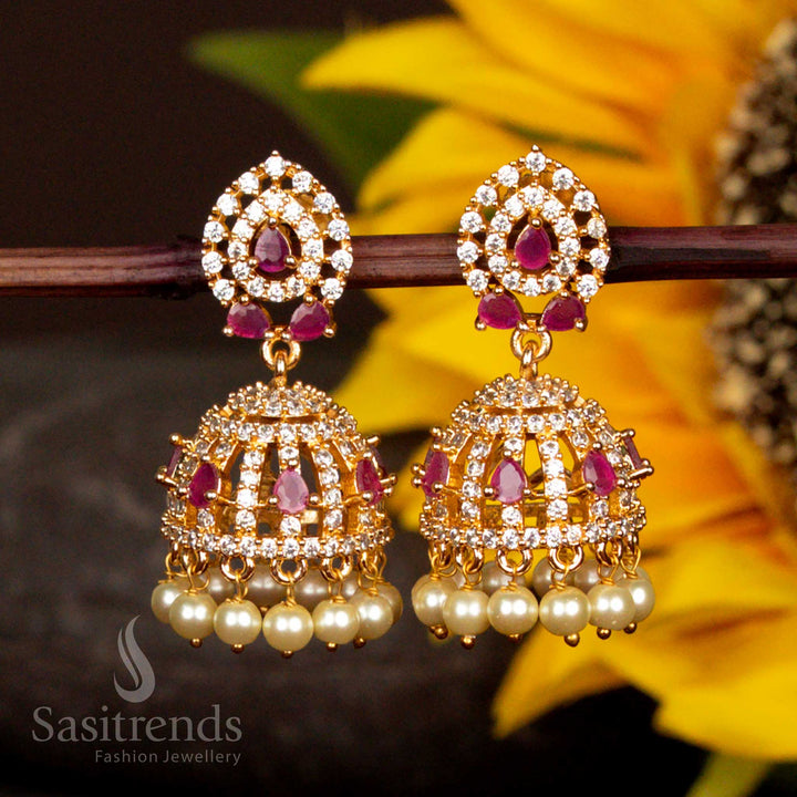 Gorgeous American Diamond Micro Gold Plated Jhumka Earrings - Segmented Design Structure with Pearls  - Sasitrends