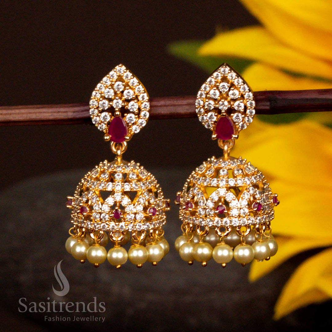 White Ruby Dual Stone American Diamond Jhumka Earrings With Micro Gold Finish Cut-Out Segments And Pearl Drops Jewellery - Sasitrends