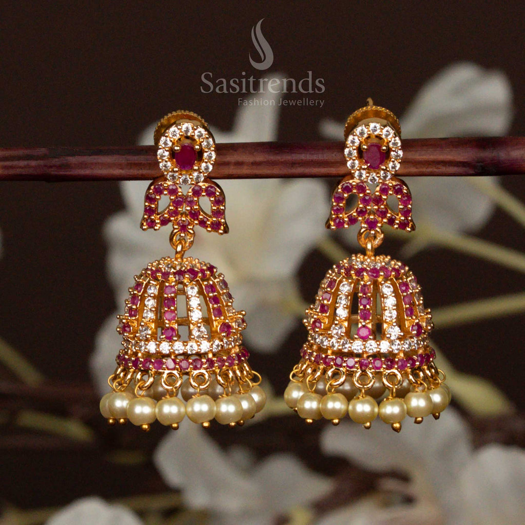 Graceful White Ruby Stone American Diamond Micro Gold Plated Jhumka Earrings With Pearls And Mango Motif Traditional Jewellery - Sasitrends