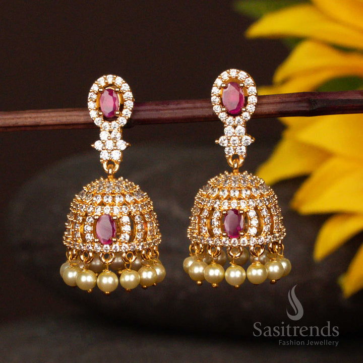 Graceful White Ruby Micro Gold Plated Jhumka Earrings With Multi Gem Pearl Dropping And Dual Tone Floral Leaf Design Jewellery - Sasitrends