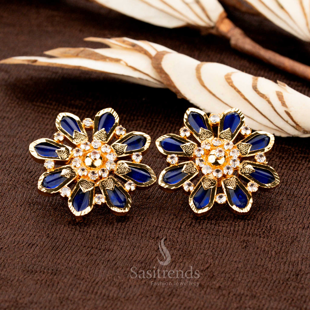 Radiant micro gold plated 8 Nagapadam Palakka floral earrings with mesmerizing blue stones and AD embellishments, a Kerala traditional jewellery design perfect for ethnic charm - Sasitrends