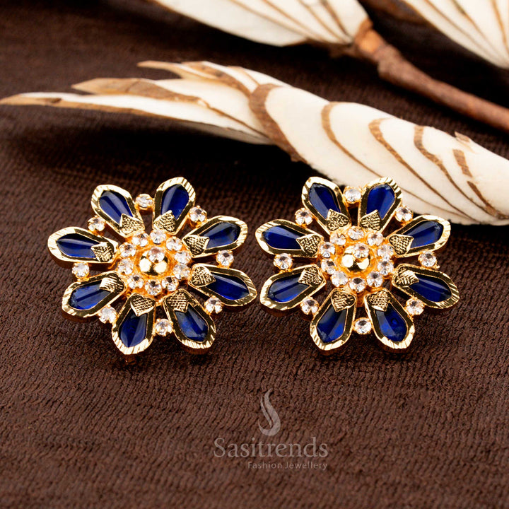 Radiant micro gold plated 8 Nagapadam Palakka floral earrings with mesmerizing blue stones and AD embellishments, a Kerala traditional jewellery design perfect for ethnic charm - Sasitrends