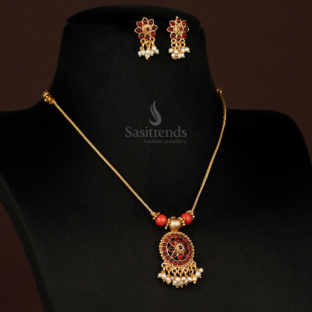 Classic matte gold plated round floral pendant necklace set with rich ruby stones and elegant pearl drops, enhanced by beaded temple design – ideal for cultural celebrations – Sasitrends