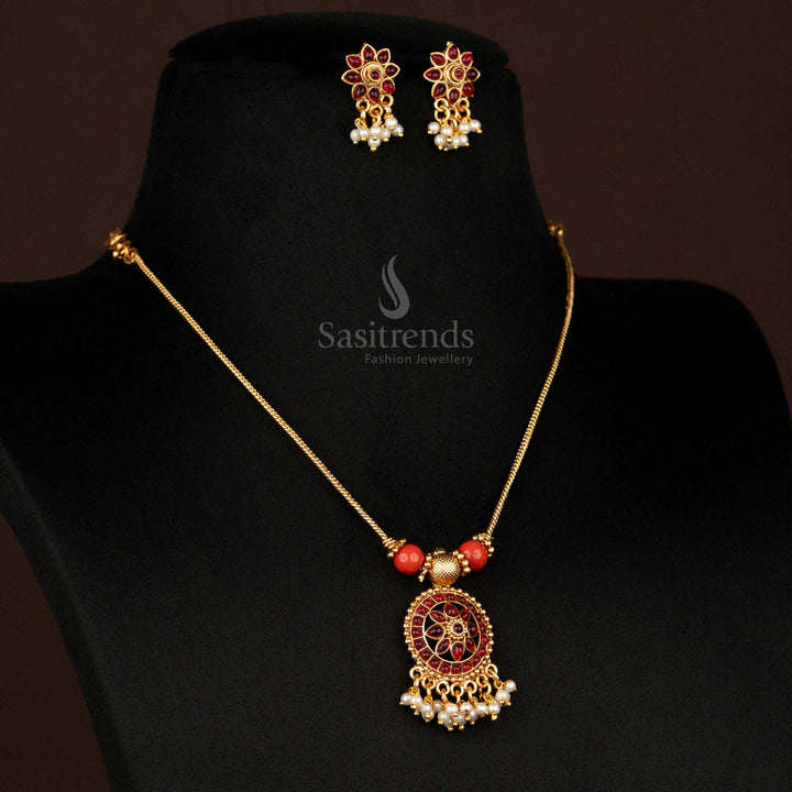 Classic matte gold plated round floral pendant necklace set with rich ruby stones and elegant pearl drops, enhanced by beaded temple design – ideal for cultural celebrations – Sasitrends